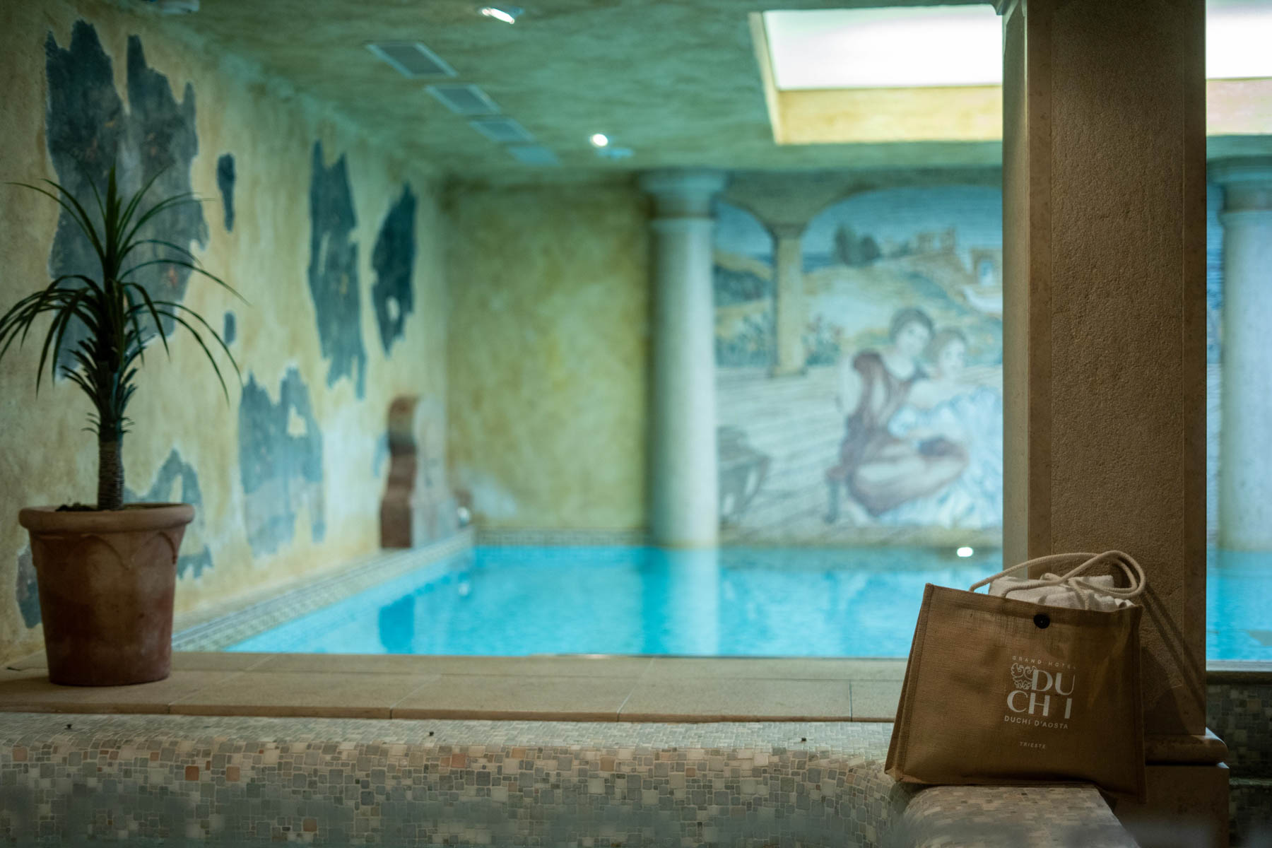 Piscina con mosaici sul fondo, scale che portano al fondo della piscina, dipinti sulle pareti e piante ornamentali. 